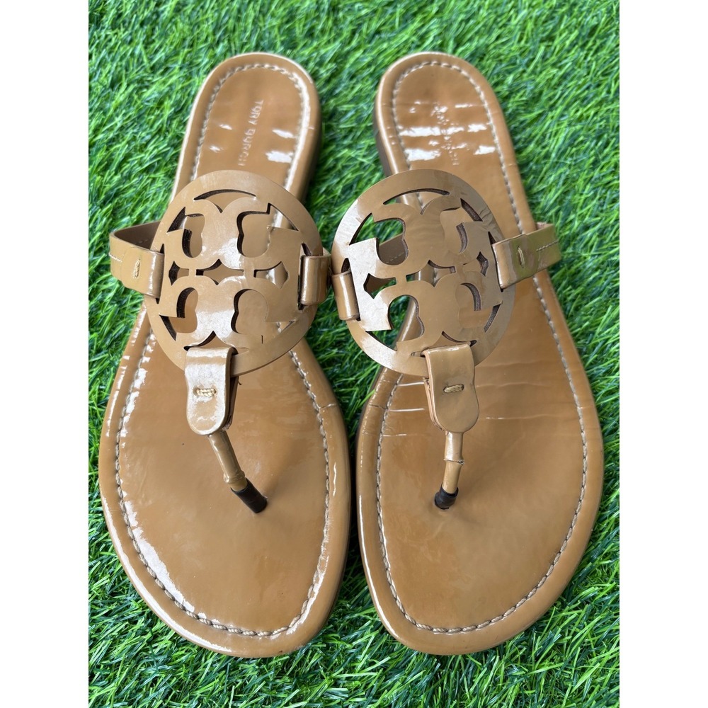 Tory Burch Miller Patent Leather Sandals Tan Camel Thong Flats Size 10M 76734